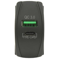 Type C + QC 3.0 USB Rocker Style Charger - Blue LED