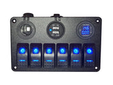 6 Gang switch panel switch panel - 12V Power Socket, Voltmeter + Ammeter & 3.1A Dual USB Charger Blue LED