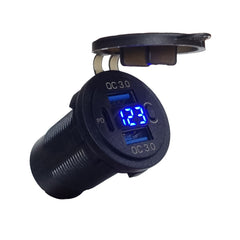 Dual QC3.0 USB & Type C PD (3 Ports) Socket Charger with Voltmeter & On/Off Switch - Blue LED