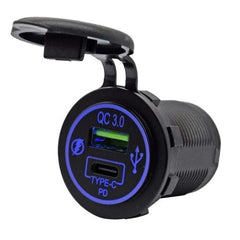 Dual QC3.0 USB & Type-C Charger Socket - Blue LED