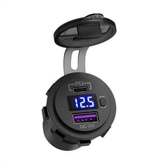 Dual QC3.0 USB + PD Type-C Socket Charger with Voltmeter & On/Off Switch - Blue LED