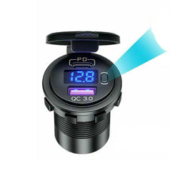 Dual QC3.0 USB + PD Type-C Socket Charger with Voltmeter & On/Off Switch - Blue LED