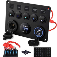 Multi Panel - 5 Gang Round Rocker Switch Panel with Dual USB, Voltmeter & Power Socket