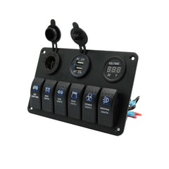 6 gang switch panel, with 12V power socket, voltmeter and 2.1A dual USB charger, blue LED - the4x4store.co.za