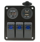 3 Gang Rocker Switch Panel + Voltmeter & 3.1A Dual USB Charger - Blue LED