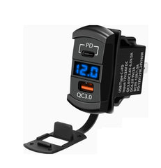 QC3.0 USB & Type-C Car Charger with Voltmeter - Blue LED