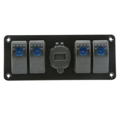 4 Gang Switch Panel with Dual USB Charger & Voltmeter - Blue LED