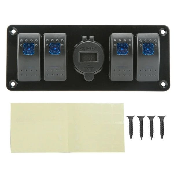4 Gang Switch Panel with Dual USB Charger & Voltmeter - Blue LED