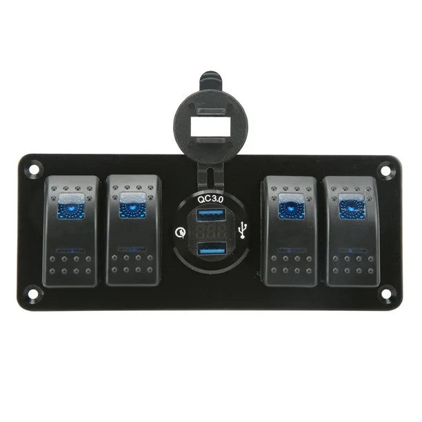 4 Gang Switch Panel with Dual USB Charger & Voltmeter - Blue LED