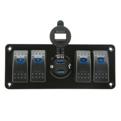 4 Gang Switch Panel with Dual USB Charger & Voltmeter - Blue LED
