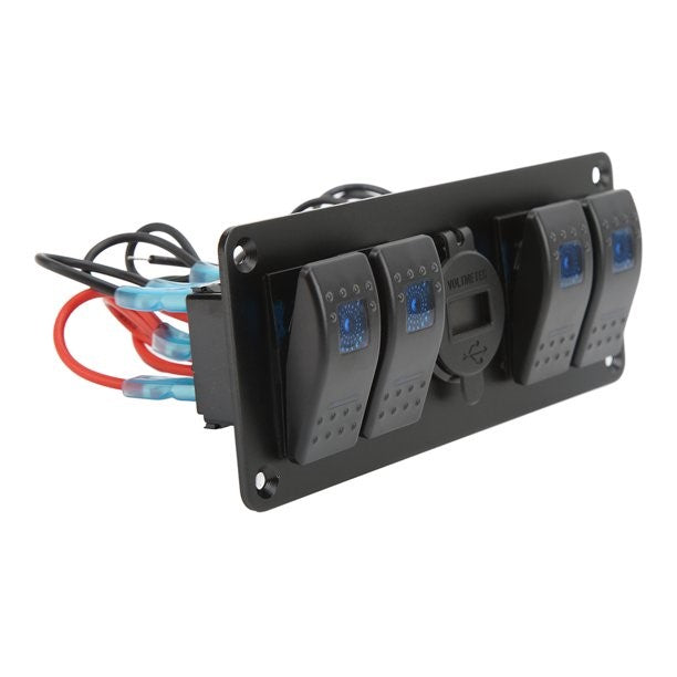 4 Gang Switch Panel with Dual USB Charger & Voltmeter - Blue LED