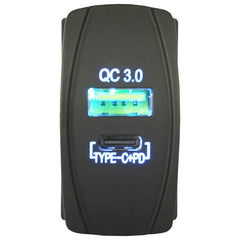 Type C + QC 3.0 USB Rocker Style Charger - Blue LED