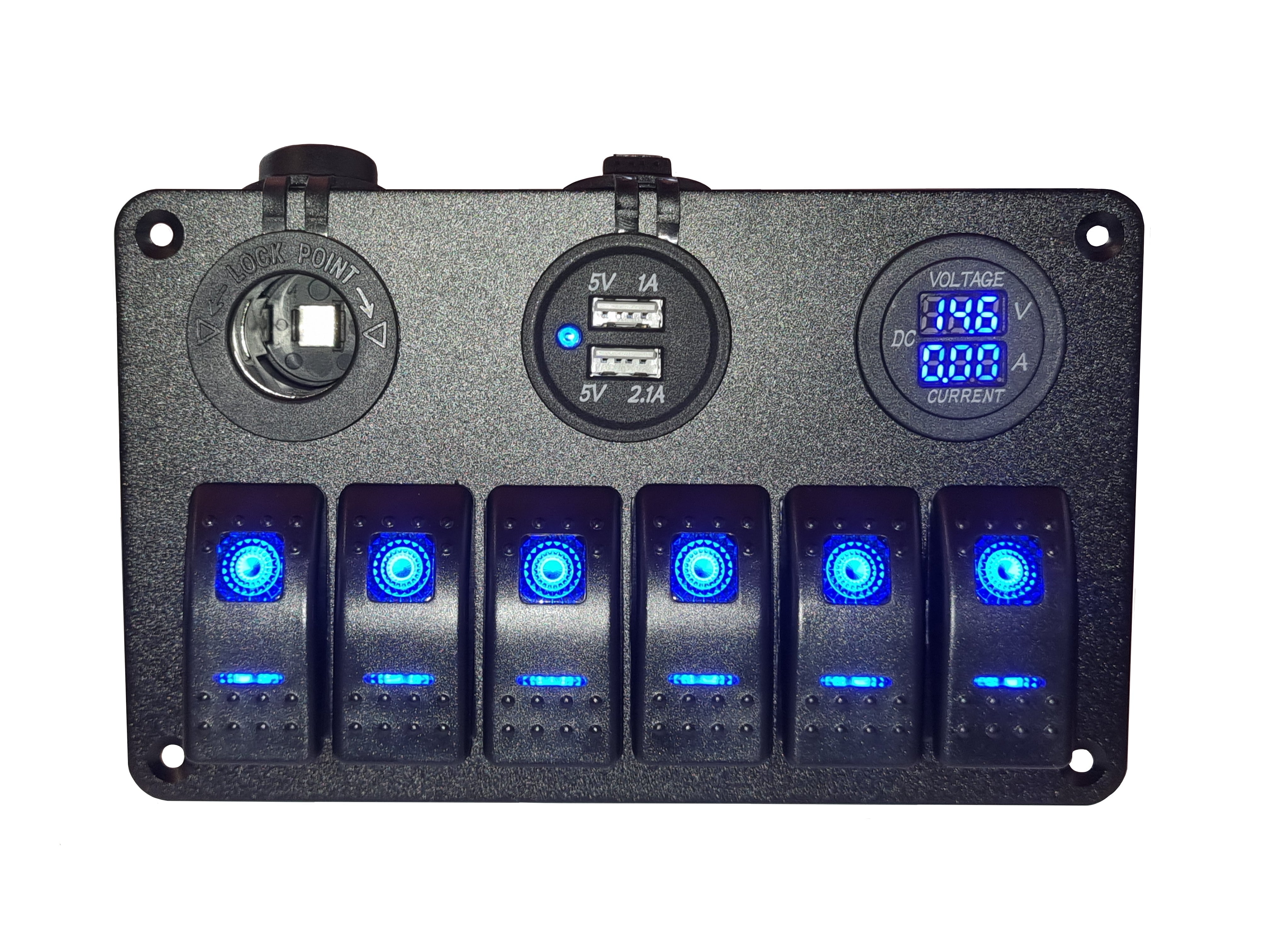 6 Gang switch panel switch panel - 12V Power Socket, Voltmeter + Ammeter & 3.1A Dual USB Charger Blue LED
