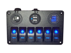 6 Gang switch panel switch panel - 12V Power Socket, Voltmeter + Ammeter & 3.1A Dual USB Charger Blue LED