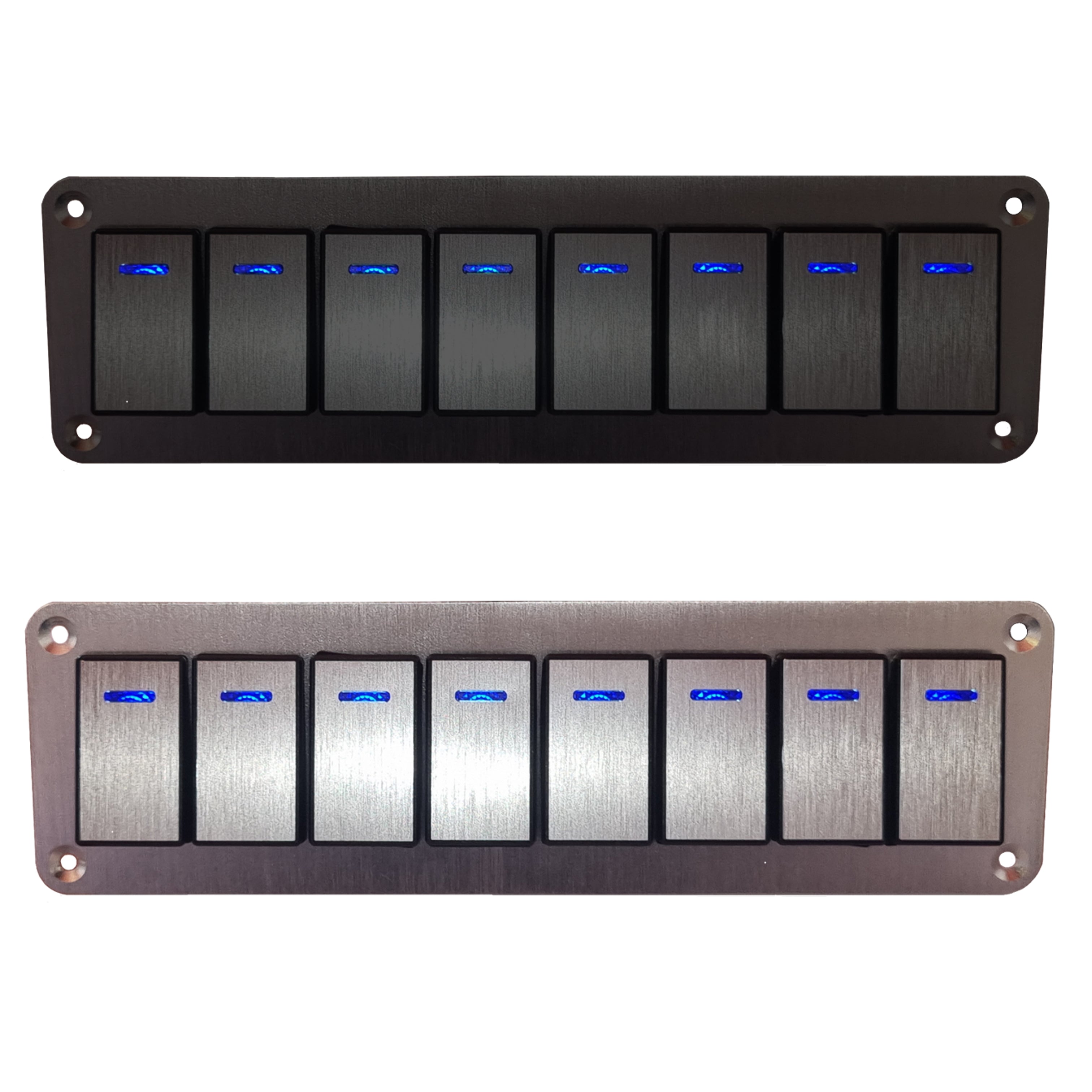 8 Gang Aluminium Rocker Switch Panel - Blue LED