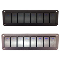 8 Gang Aluminium Rocker Switch Panel - Blue LED