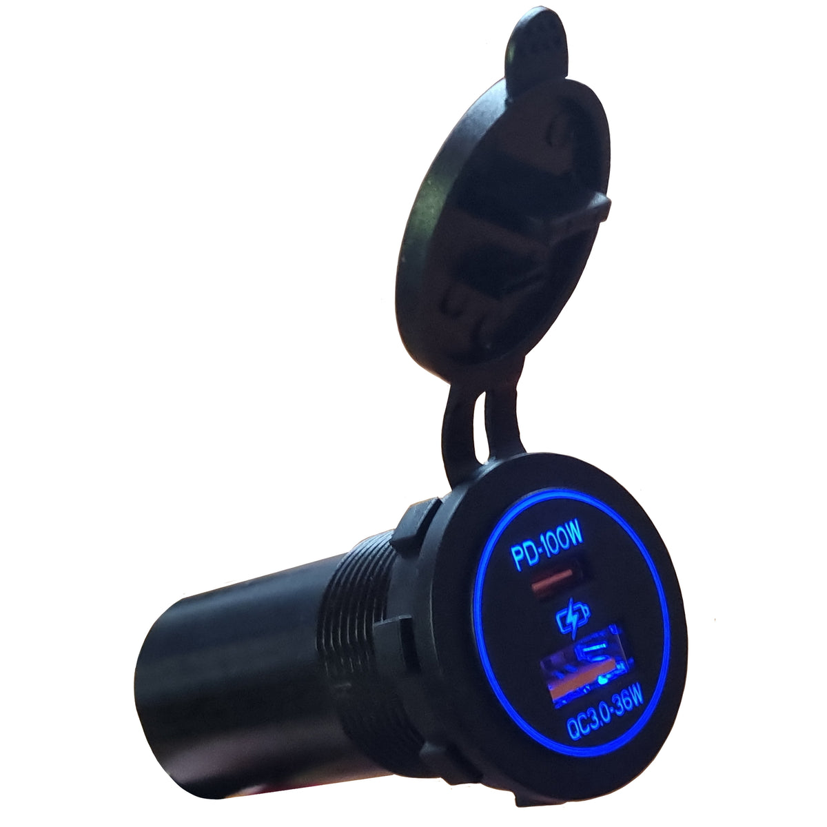 100W TYPE-C PD USB + 36W QC3.0 USB Round Socket Charger - Blue LED