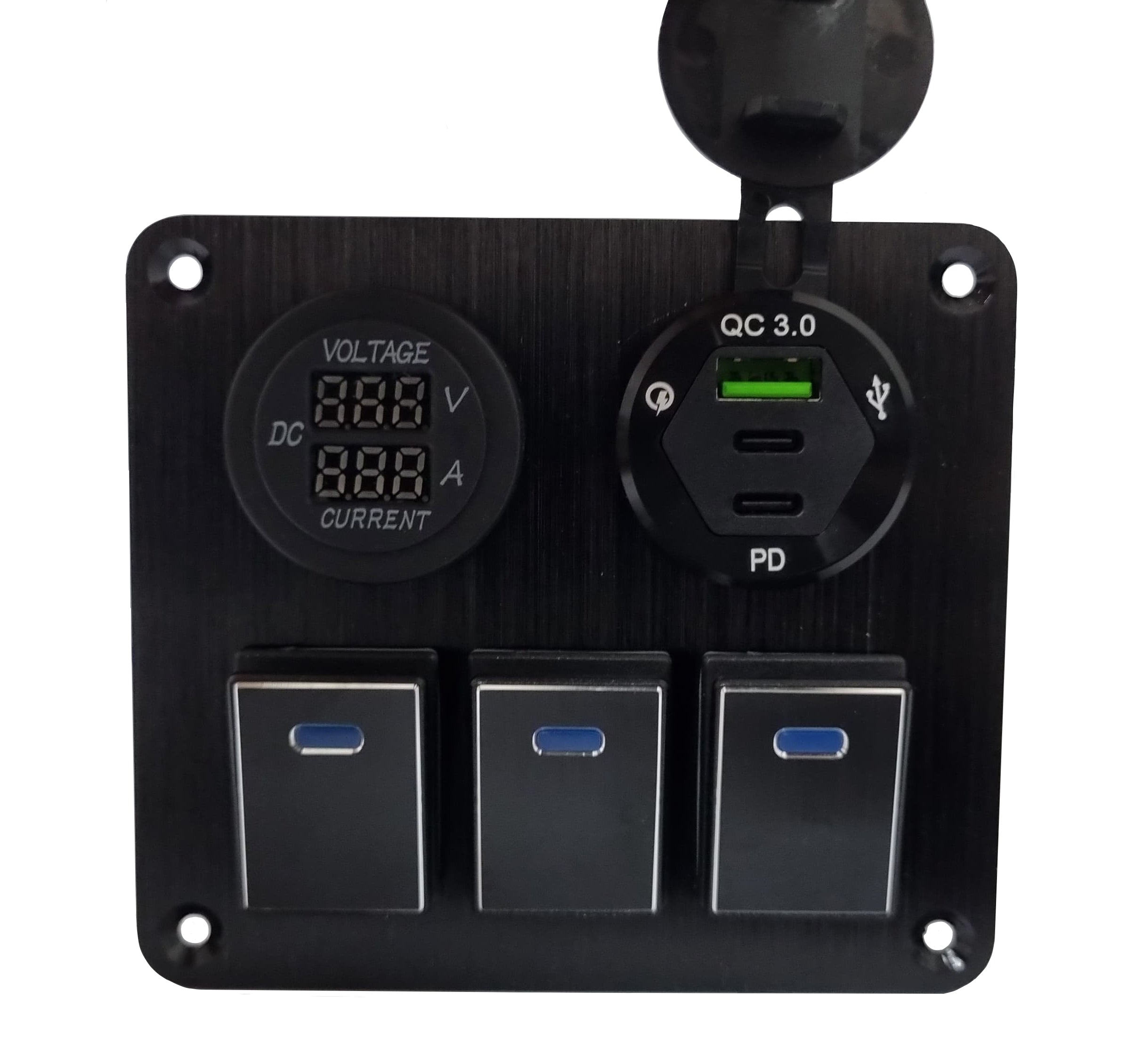 3 Gang Metal Switch Panel with Dual Type-C & USB Charger and Volt/Ammeter- Blue LED