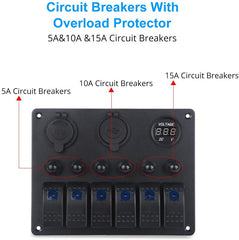 6 Gang Switch Panel With Voltmeter & Chargers Circuit Breakers