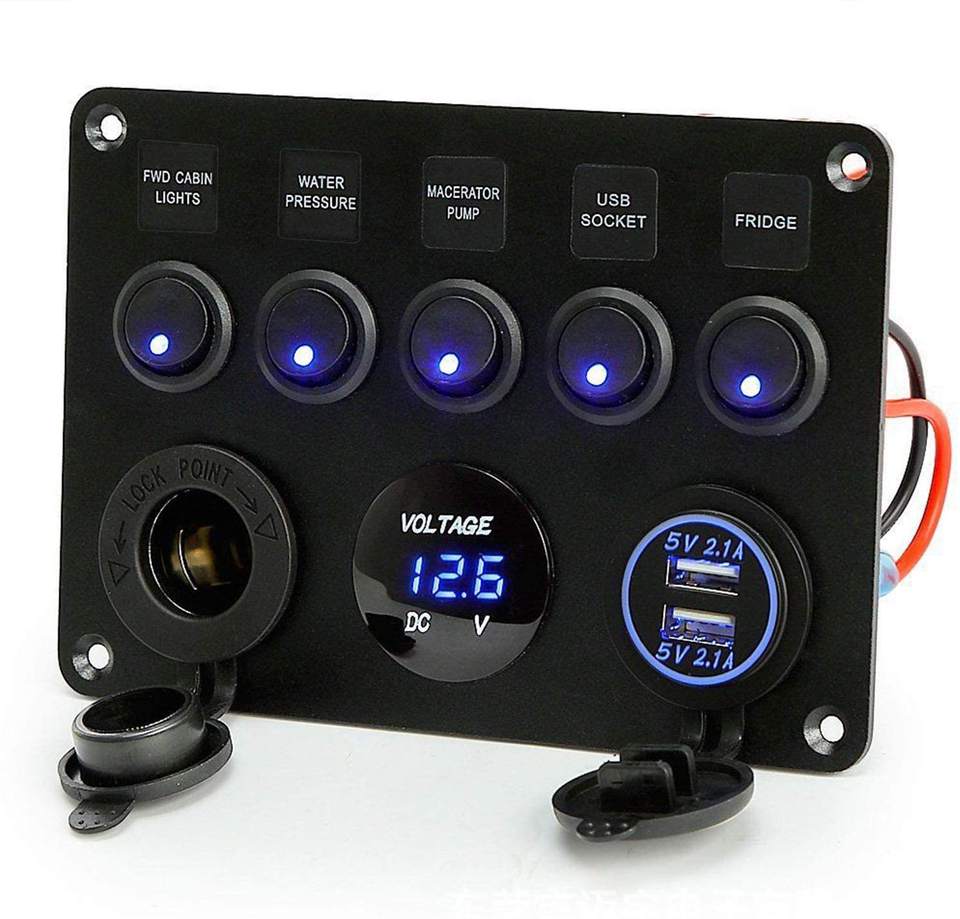 Multi Panel - 5 Gang Round Rocker Switch Panel with Dual USB, Voltmeter & Power Socket