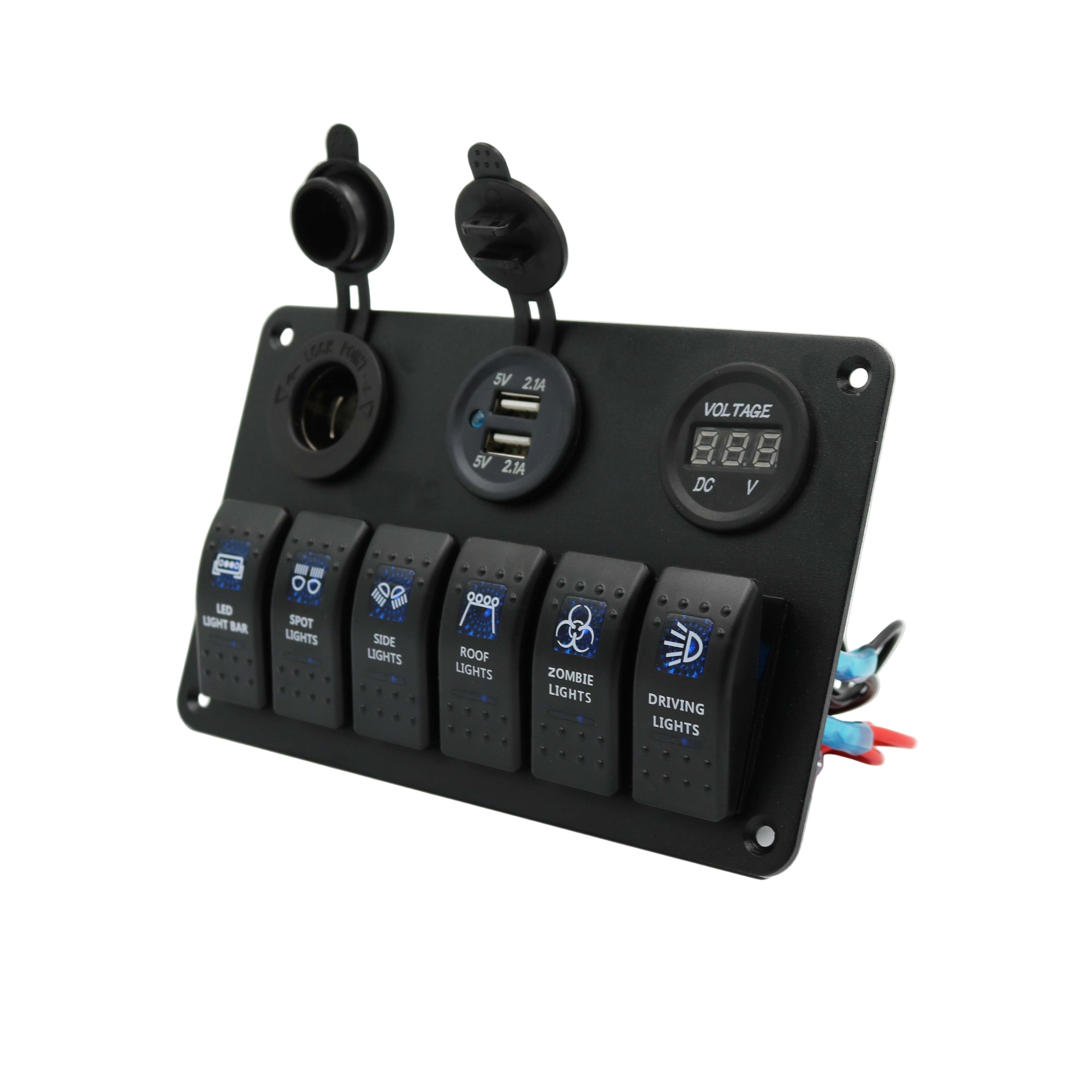 6 gang switch panel, with 12V power socket, voltmeter and 2.1A dual USB charger, blue LED - the4x4store.co.za