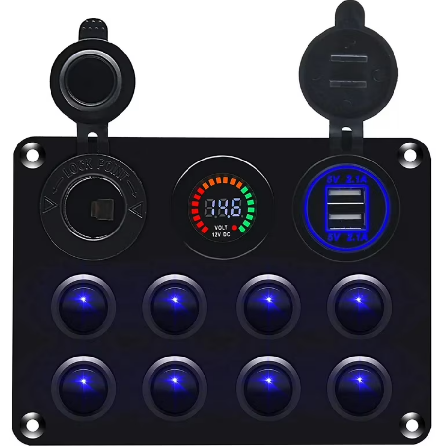Multi Panel - 8 Gang Round Rocker Switch Panel with Voltmeter, Dual USB Charger & Power Socket