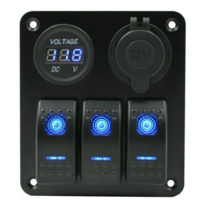 3 Gang Rocker Switch Panel + Voltmeter & 3.1A Dual USB Charger - Blue LED