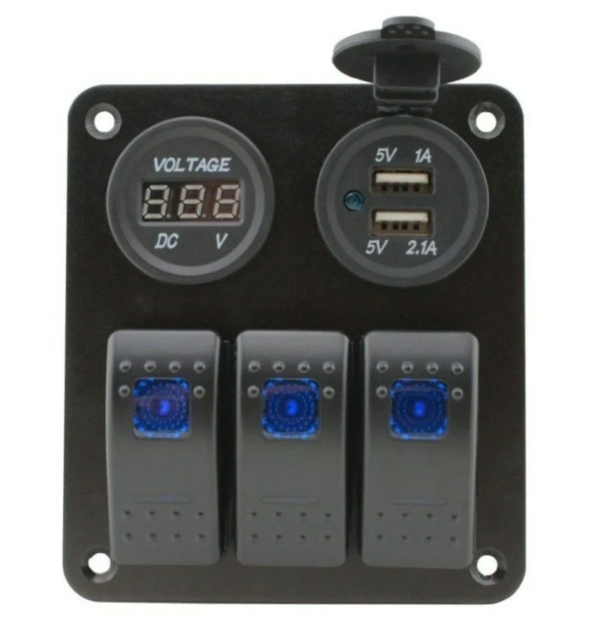 3 Gang Rocker Switch Panel + Voltmeter & 3.1A Dual USB Charger - Blue LED