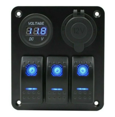 3 Gang Rocker Switch Panel + Voltmeter & 3.1A Dual USB Charger - Blue LED